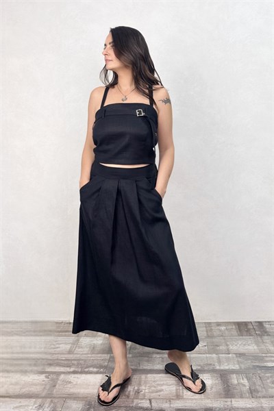 Lamante Prime Keten Crop Bluz - Siyah