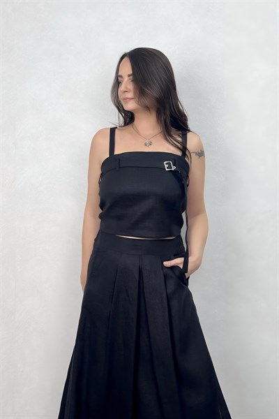 Lamante Prime Keten Crop Bluz - Siyah