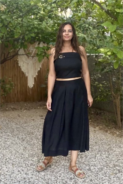 Lamante Prime Keten Crop Bluz - Siyah