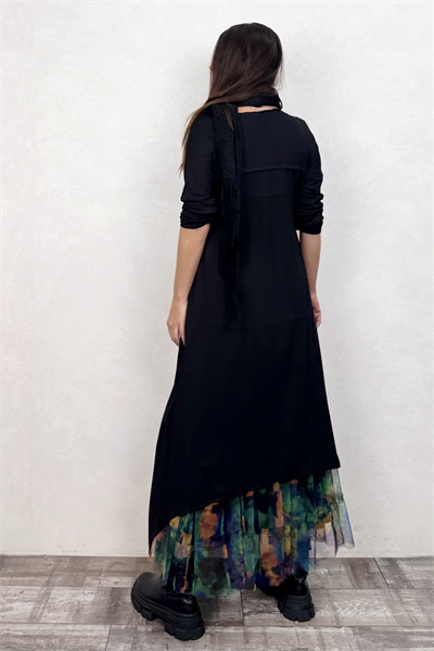 Maxi Tunik ve Desenli Tül Etek Kombin - Siyah Fiori