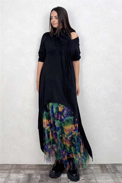 Maxi Tunik ve Desenli Tül Etek Kombin - Siyah Fiori