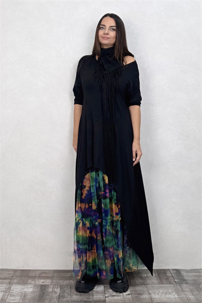 Maxi Tunik ve Desenli Tül Etek Kombin - Siyah Fiori