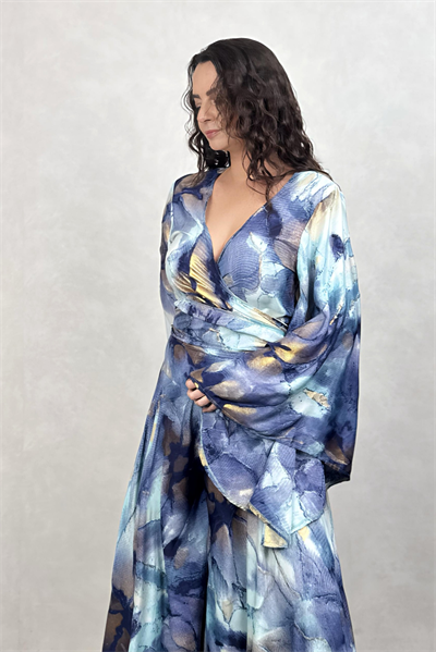 Palermo Kimono Kol İpek Takım - Mavi Gold