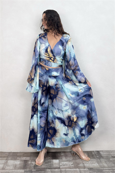 Palermo Kimono Kol İpek Takım - Mavi Gold