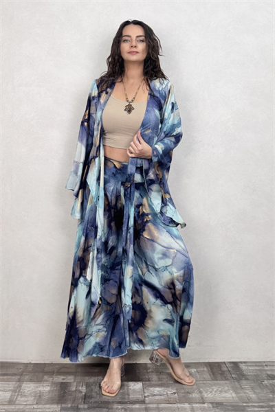 Palermo Kimono Kol İpek Takım - Mavi Gold