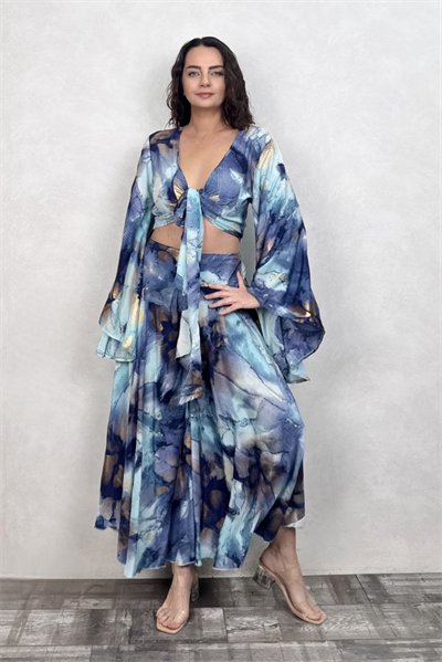 Palermo Kimono Kol İpek Takım - Mavi Gold