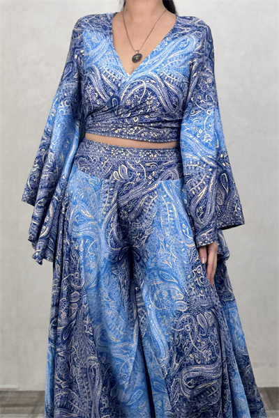 Palermo Kimono Kol İpek Takım - Mavi Şal
