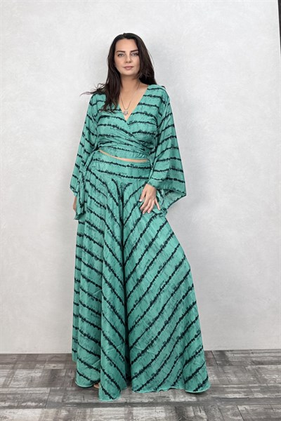 Palermo Kimono Kol İpek Takım -Yeşil Turkuaz