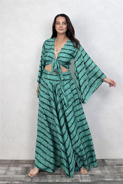 Palermo Kimono Kol İpek Takım -Yeşil Turkuaz