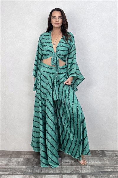 Palermo Kimono Kol İpek Takım -Yeşil Turkuaz