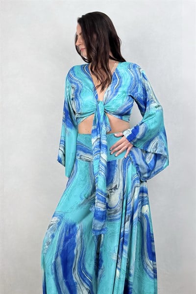 Palermo Ocean Kimono Kol İpek Takım -Mavi Turkuaz