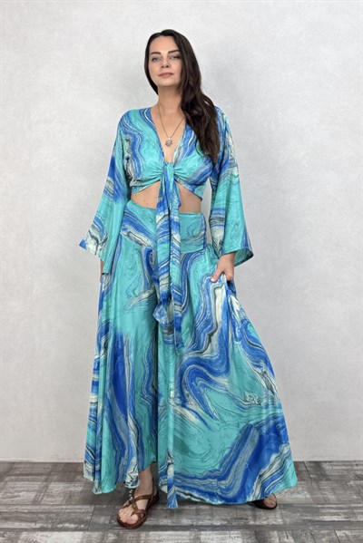 Palermo Ocean Kimono Kol İpek Takım -Mavi Turkuaz