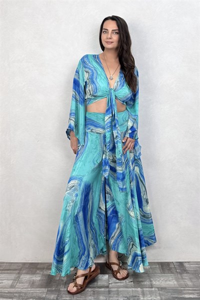 Palermo Ocean Kimono Kol İpek Takım -Mavi Turkuaz