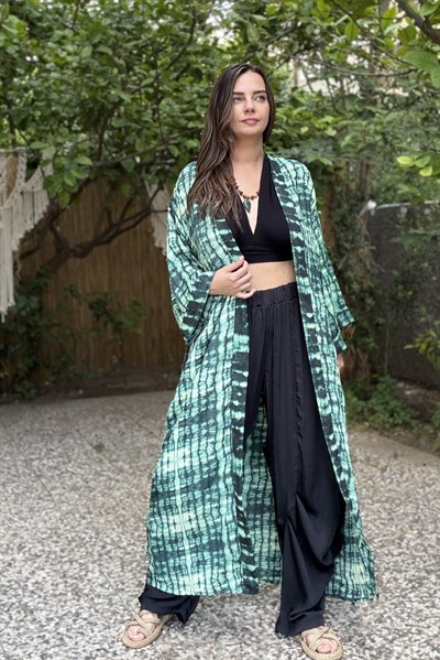 Premium İpek Kimono - Sunset Yeşil Siyah