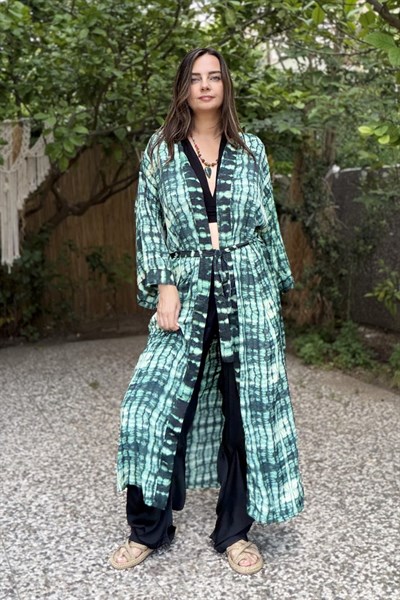 Premium İpek Kimono - Sunset Yeşil Siyah
