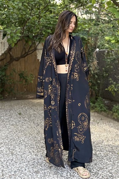 Premium İpek Mystic Kimono - Siyah Gold