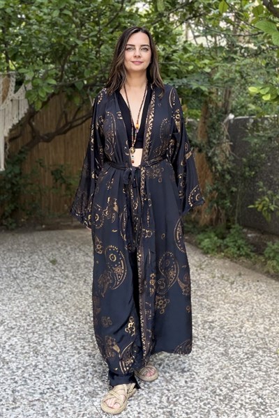 Premium İpek Mystic Kimono - Siyah Gold