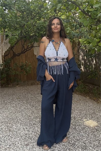 Püsküllü Hand Made Boncuklu Crop- Lacivert Beyaz