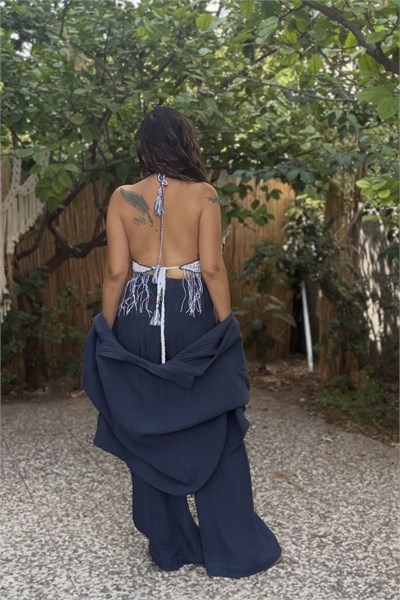 Püsküllü Hand Made Boncuklu Crop- Lacivert Beyaz