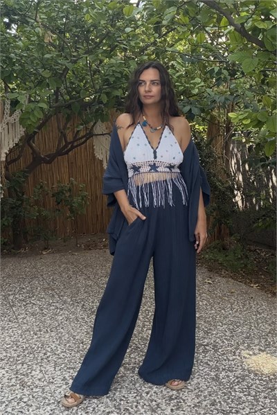 Püsküllü Hand Made Boncuklu Crop- Lacivert Beyaz