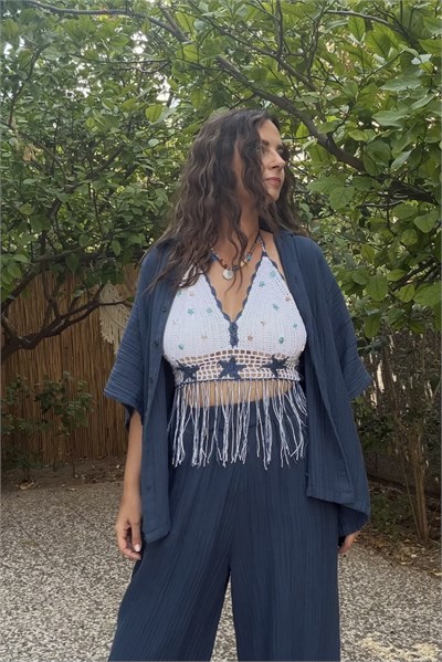 . - Püsküllü Hand Made Boncuklu Crop- Lacivert Beyaz
