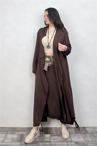 Sasha Kapşonlu Patch Uzun Kaftan  - Kahverengi