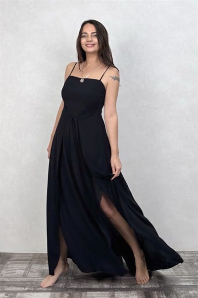 Sole Bağlamalı Maxi Elbise - Siyah