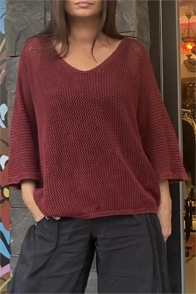 Taş Yıkamalı Ajurlu Triko Bluz - Bordo