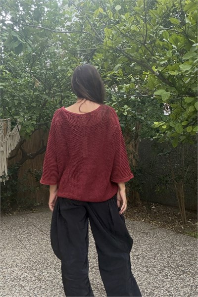 Taş Yıkamalı Ajurlu Triko Bluz - Bordo
