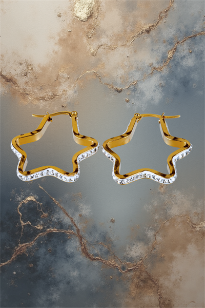 Taşlı Yıldız Çelik Küpe - Gold