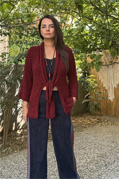Wrap Ön Bağlamalı Merserize Hırka -Bordo