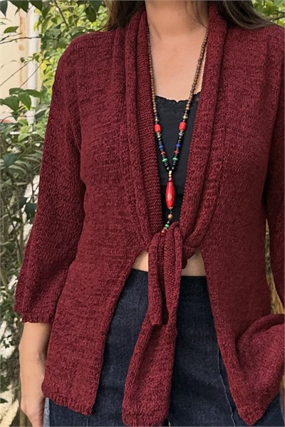 Wrap Ön Bağlamalı Merserize Hırka -Bordo
