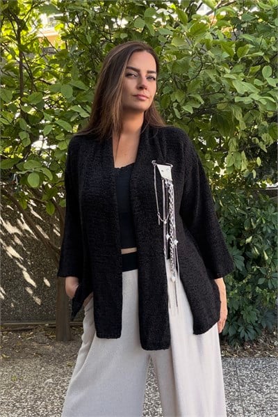 Wrap Ön Bağlamalı Merserize Hırka -Siyah