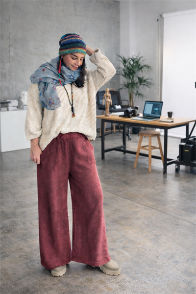 Yıkamalı Triko Pantolon - Bordo