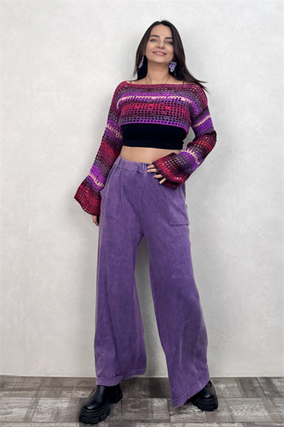 Yıkamalı Triko Pantolon - Mor