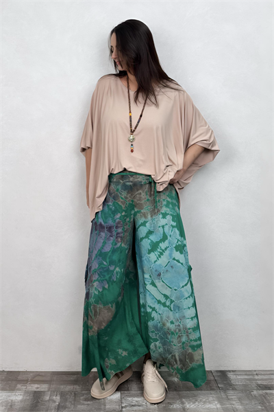 Yırtmaçlı Batik Pantolon - Yeşil