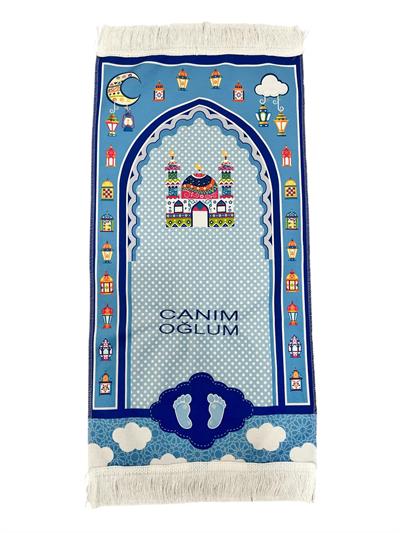 Canım Oğlum Nakışlı Dijital Baskılı Çocuk Seccadesi Mavi