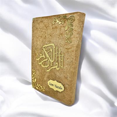 İsme Özel Gold Kadife Kaplı Pleksi Desenli Orta Boy Kuran-ı Kerim