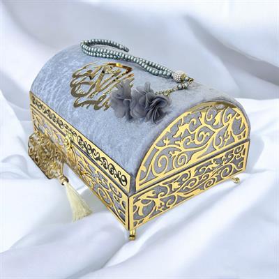 İsme Özel Gri Kadife Kaplı Define Sandıklı Kuran-ı Kerim Seti