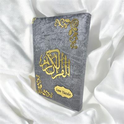İsme Özel Gri Kadife Kaplı Pleksi Desenli Orta Boy Kuran-ı Kerim