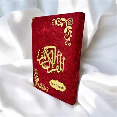 İsme Özel Kırmızı Kadife Kaplı Pleksi Desenli Orta Boy Kuran-ı Kerim