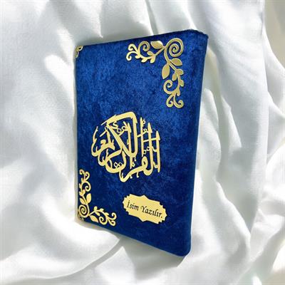 İsme Özel Lacivert Kadife Kaplı Pleksi Desenli Orta Boy Kuran-ı Kerim