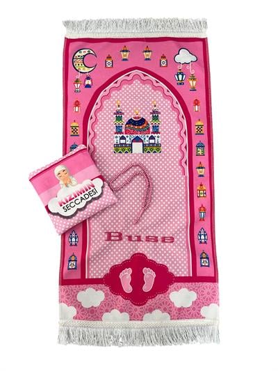 İsme Özel Nakışlı, Çantalı, Tesbihli, Dijital Baskılı Çocuk Seccade Seti - Pembe
