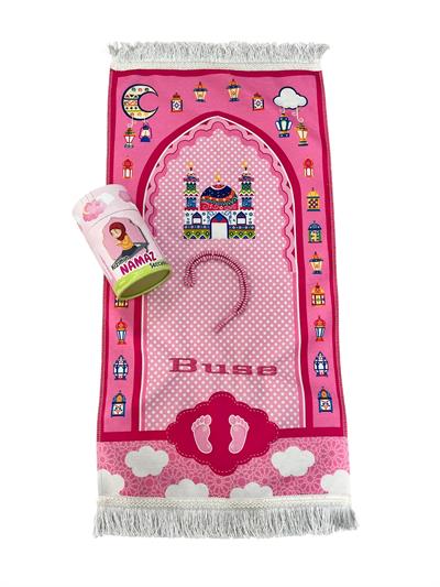 İsme Özel Nakışlı, Kumbara Kutulu, Tesbihli, Dijital Baskılı Çocuk Seccade Seti - Pembe