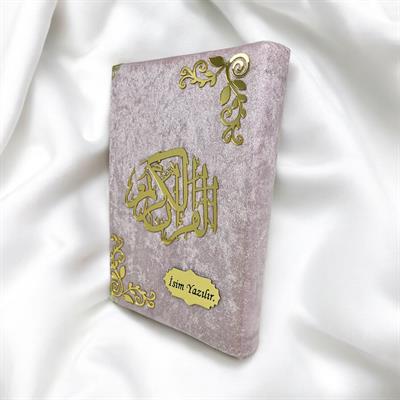 İsme Özel Pembe Kadife Kaplı Pleksi Desenli Orta Boy Kuran-ı Kerim