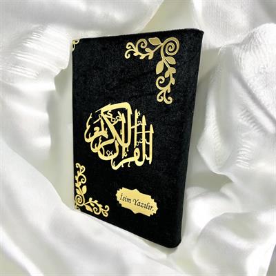 İsme Özel Siyah Kadife Kaplı Pleksi Desenli Orta Boy Kuran-ı Kerim