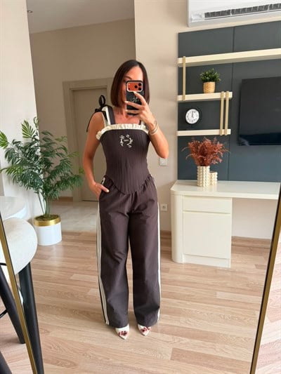 Kahverengi Paraşüt Kumaş Korse Pantolon Takım