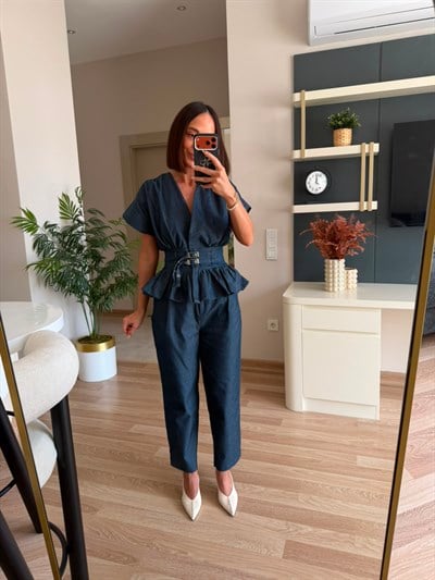 Lacivert Beli Kemerli Denim Takım