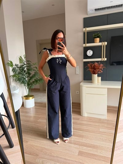 Lacivert Paraşüt Kumaş Korse Pantolon Takım