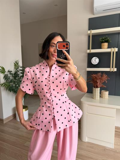 Pembe Puantiye Desenli Ceket Şalvar Pantolon Takım